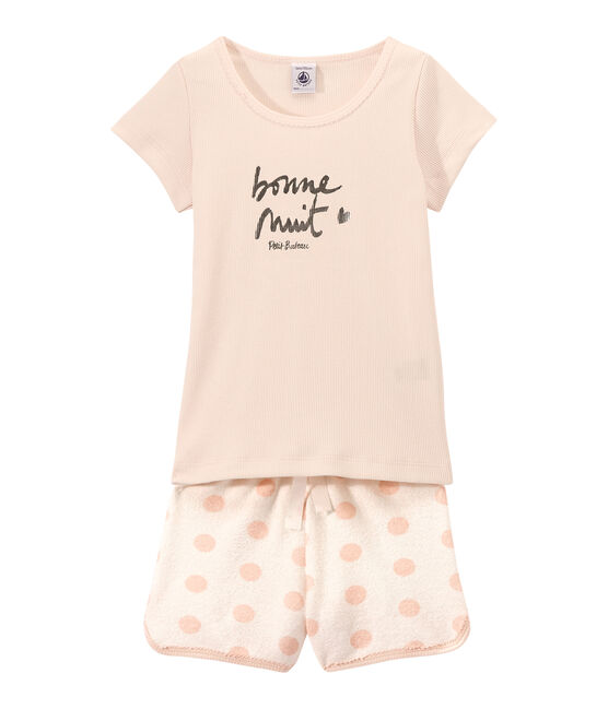 Korte meisjespyjama in twee stoffen met opdruk wit LAIT/roze ROSE/ FLEUR