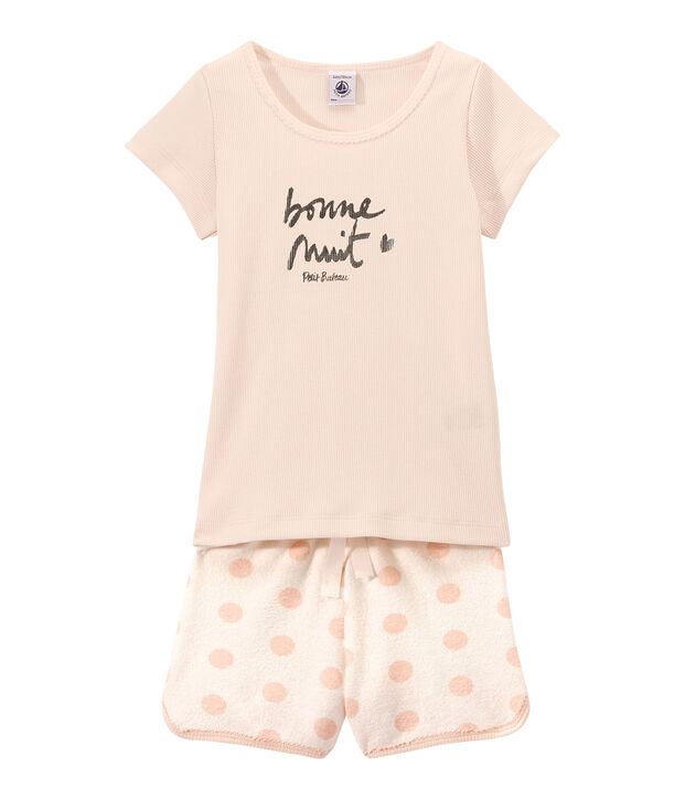 Korte meisjespyjama in twee stoffen met opdruk wit/roze/roze