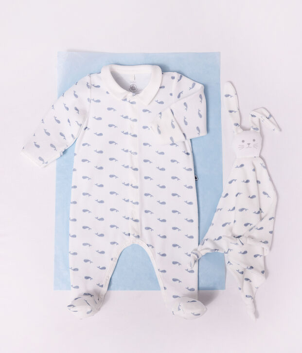 Pyjama b&eacute;b&eacute; en velours avec col imprim&eacute; baleine bleu/bleu