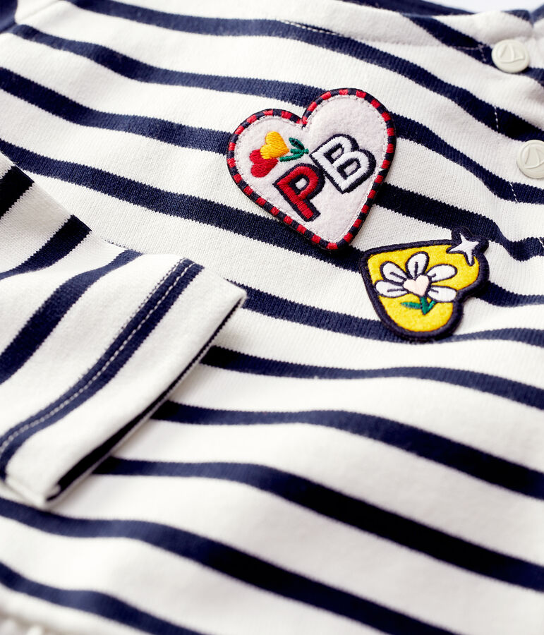 Katoenen meisjesjurk met lange mouwen wit/blauw