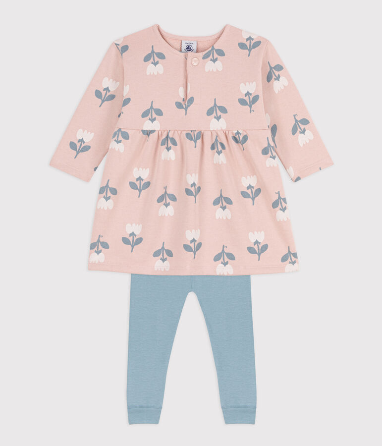 Bedrukt babyjurkje van molton met legging roze/multicouleur