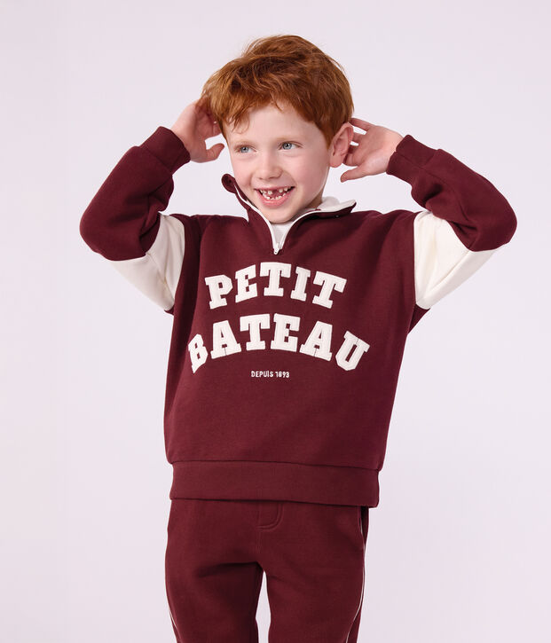 Effen katoenen sweatshirt met colorblock en schipperskraag voor kinderen rood/ecru