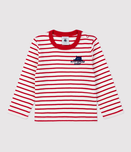 Gestreept katoenen T-shirt baby wit MARSHMALLOW/rood TERKUIT