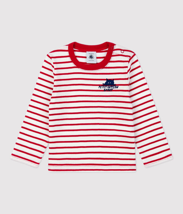 Tee-shirt ray&eacute; en coton b&eacute;b&eacute; blanc/rouge