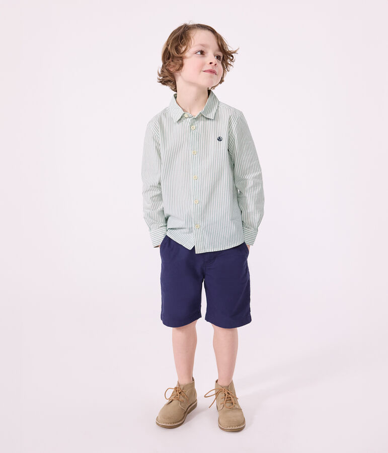 Chemise enfant en coton manches longues &agrave; rayures vert/blanc