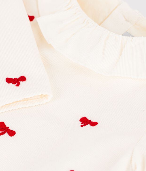 Blouse b&eacute;b&eacute; en velours brod&eacute; motif n&oelig;uds &eacute;cru/rouge