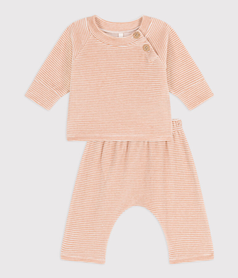 Ensemble 2 pi&egrave;ces b&eacute;b&eacute; en velours en coton beige/blanc