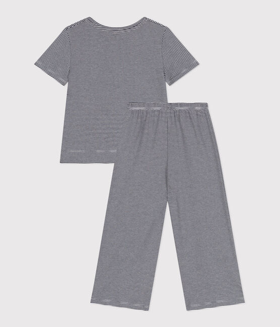Katoenen gestreepte kinderpyjama met korte mouwen en wijde pijpen blauw SMOKING/wit MARSHMALLOW