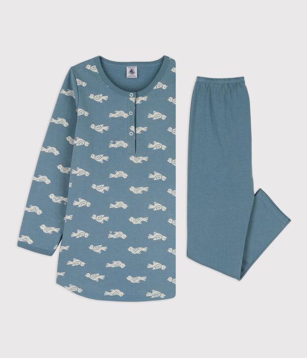 Nachthemd en legging met vogeltje voor meisjes in molton en katoen blauw/wit