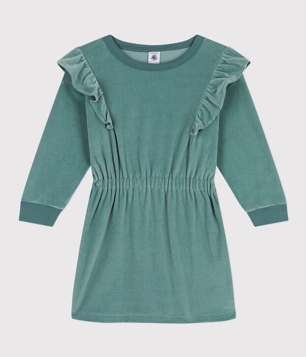 Effen meisjesjurk met lange mouwen in fluweel groen