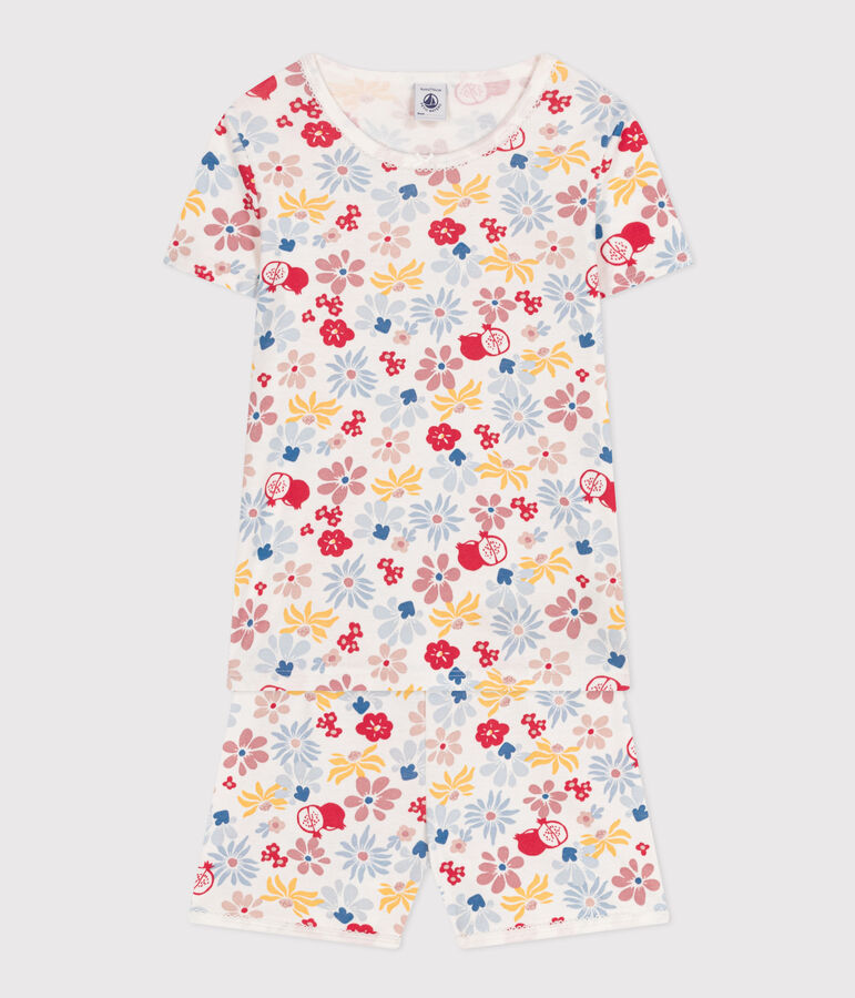Katoenen pyjamashort met bloemenprint voor kinderen wit MARSHMALLOW/wit MULTICO