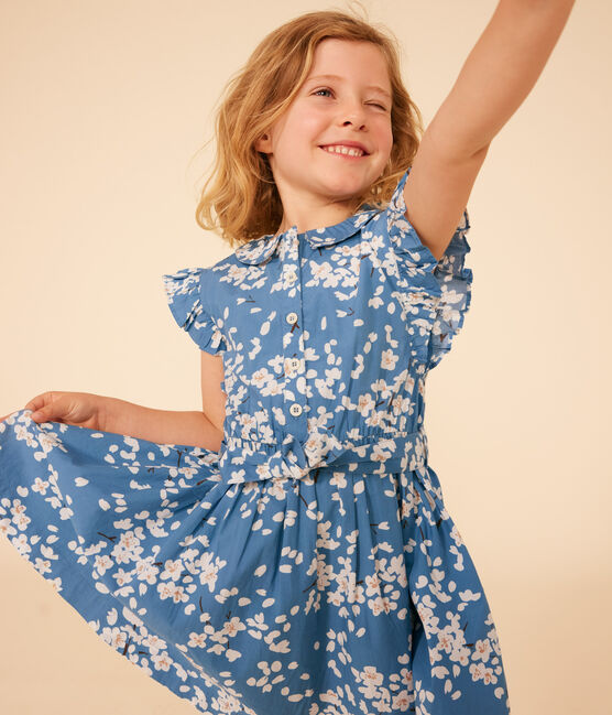 Robe imprimée sans manche en popeline enfant fille bleu BEACH/ MULTICO