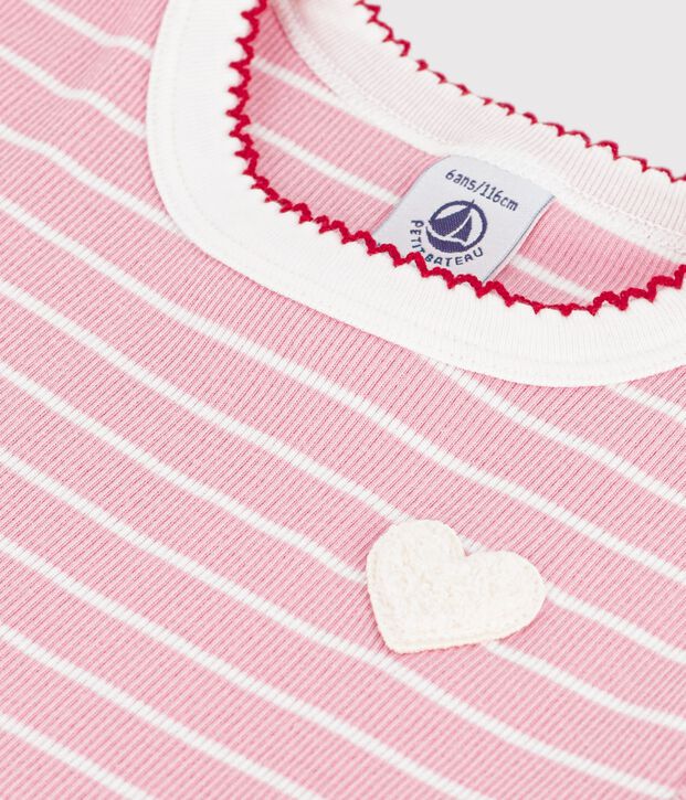 Robe enfant en coton manches courtes &agrave; rayures rose/blanc