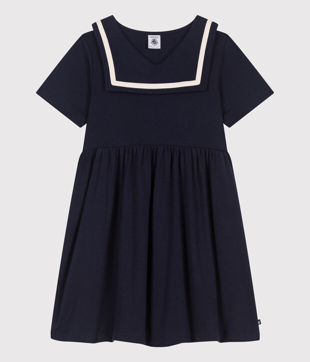 Robe enfant en coton manches courtes unie bleu marine