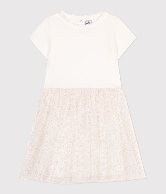 Kinderjurk van katoen en tule met korte mouw wit MARSHMALLOW/roze COPPER
