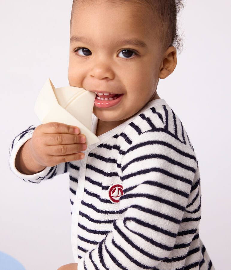 Katoenen babypyjama zonder voetjes met streepjesprint ecru/blauw