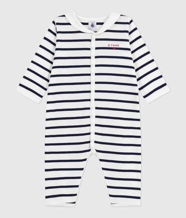 Katoenen babypyjama zonder voetjes met bootkraag en streeepjesprint wit/blauw