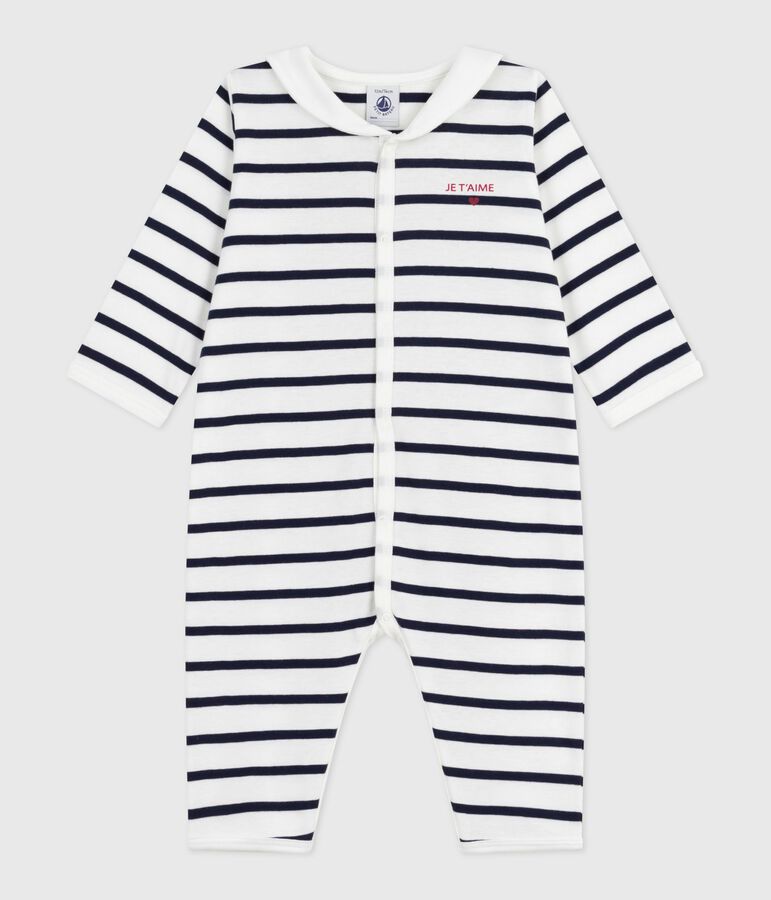Katoenen babypyjama zonder voetjes met bootkraag en streeepjesprint wit/blauw