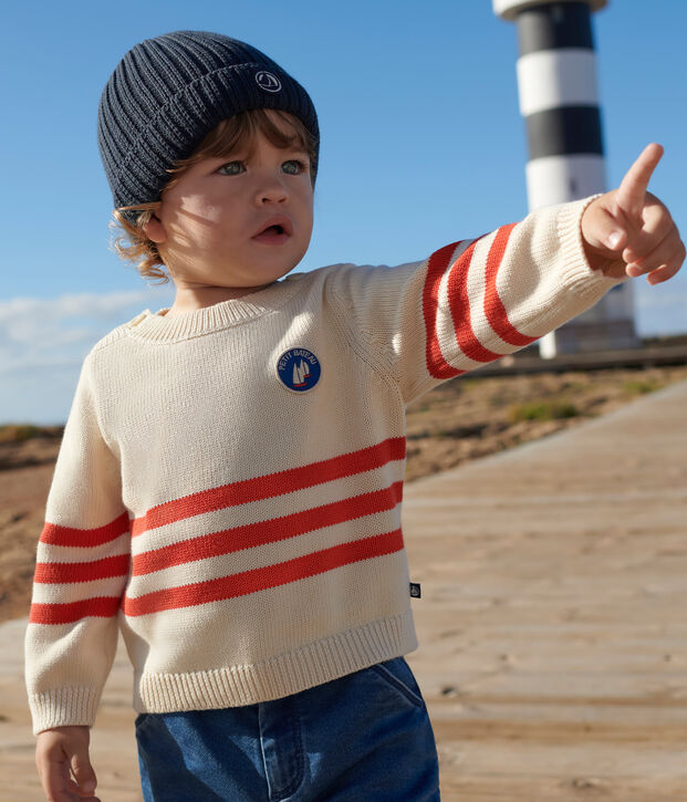 Pull b&eacute;b&eacute; en coton &agrave; rayures plac&eacute;es et badge &agrave; la poitrine rouge/rouge