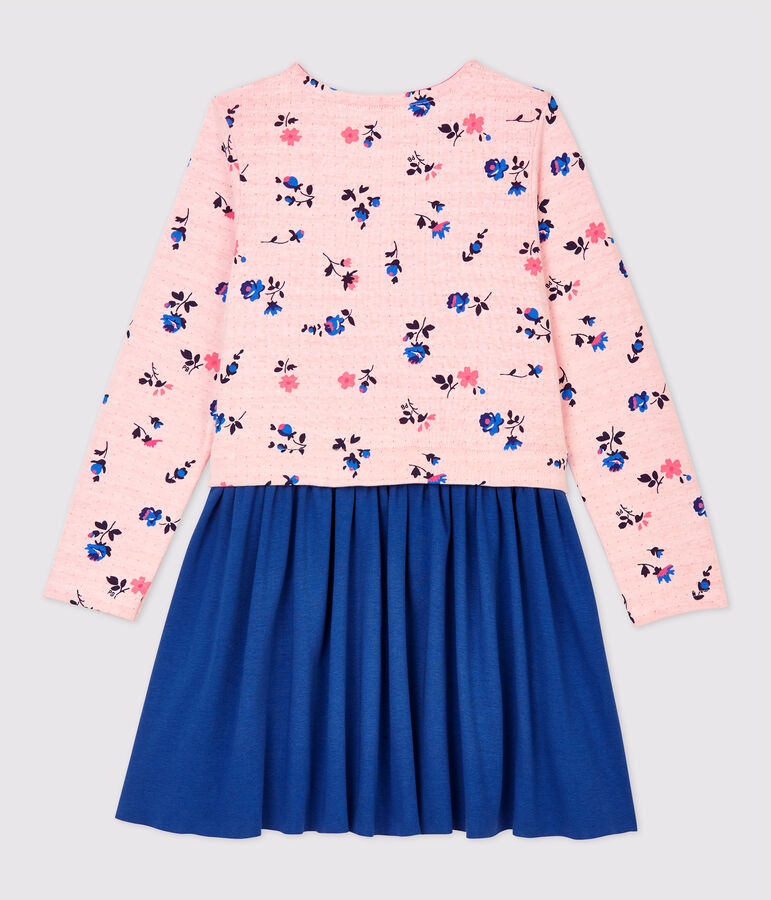 Meisjesjurk met lange mouwen van katoen en tubic wit MARSHMALLOW/wit MULTICO