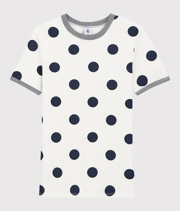 T-shirt col rond &agrave; pois en coton  Femme blanc/bleu