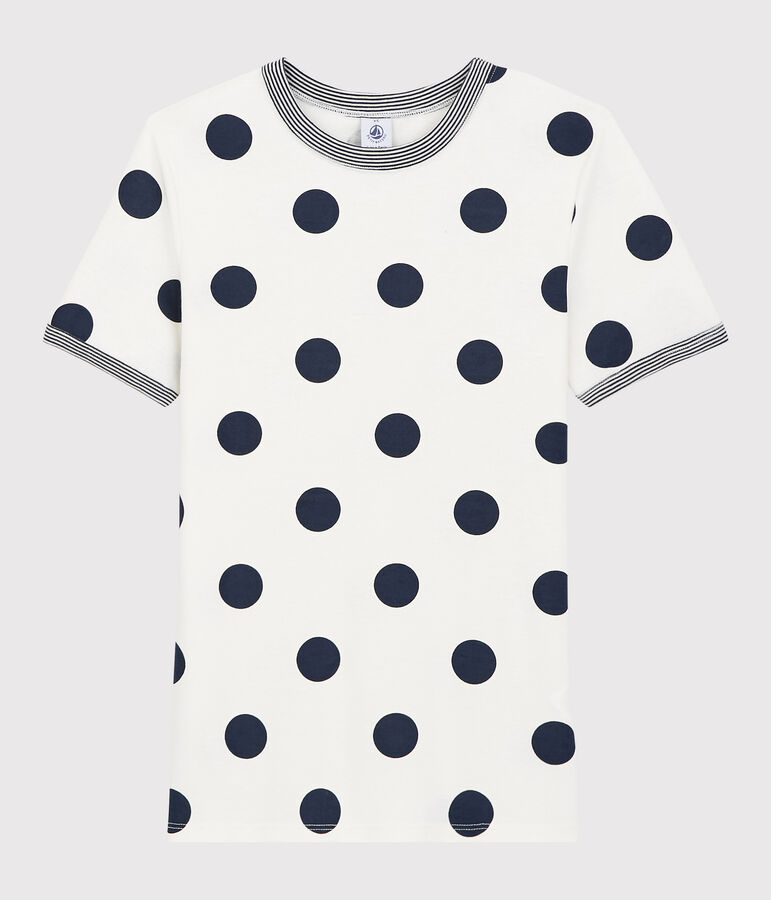 T-shirt col rond &agrave; pois en coton  Femme blanc/bleu