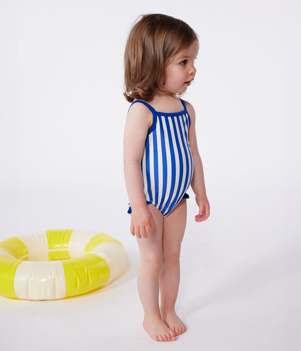 Maillot de bain b&eacute;b&eacute; une pi&egrave;ce &agrave; volants, imprim&eacute; ray&eacute; bleu/blanc