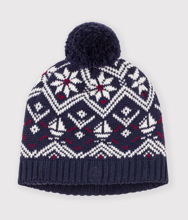 Kindermuts van jacquard in wol en katoen met fleecevoering blauw/ecru/rood