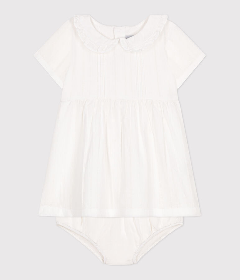 Robe blanche b&eacute;b&eacute; en coton, bloomer et leurs d&eacute;tails ajour&eacute;s blanc