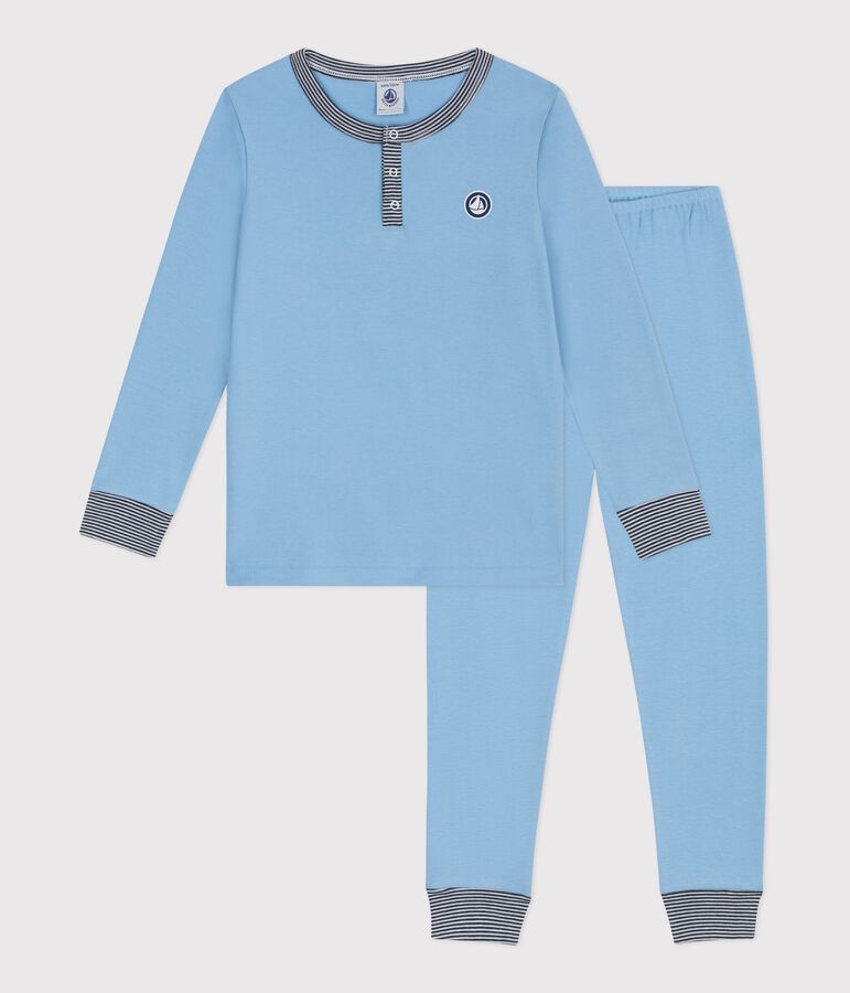 Effen katoenen pyjama met henleykraagje blauw