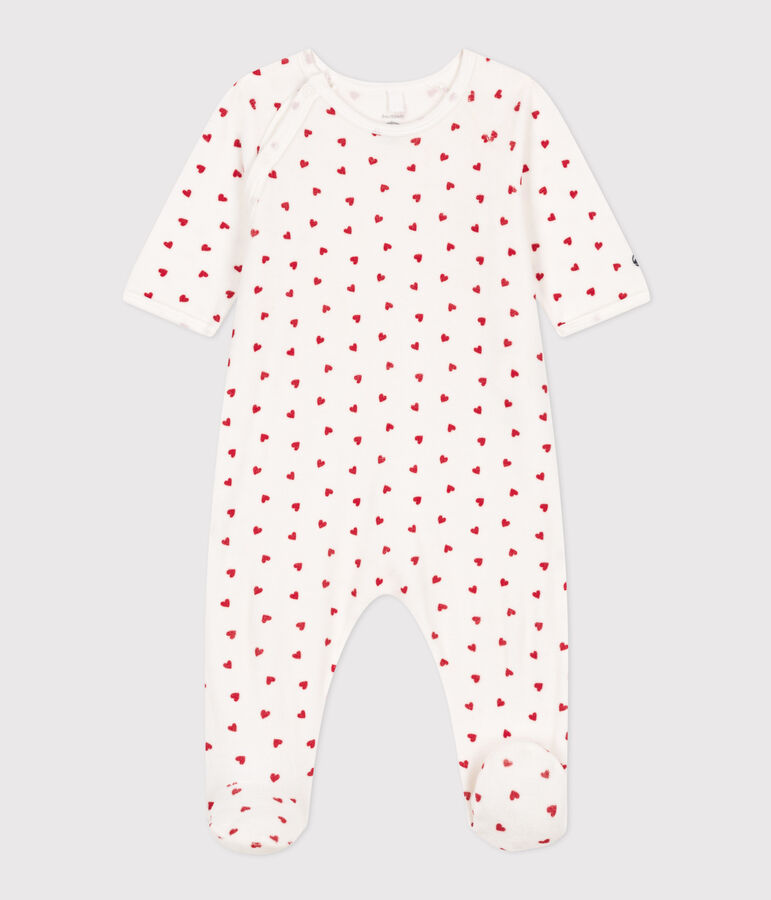 Fluwelen babypyjama met hartjesprint wit/rood