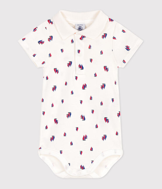 Katoenen babybody met korte mouwen en bootjesprint wit MARSHMALLOW/wit MULTICO