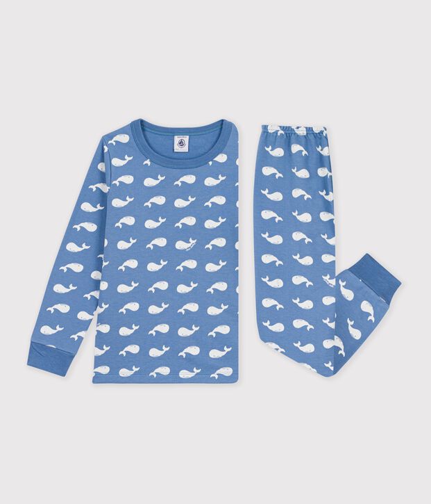 Pyjama enfant en molleton imprim&eacute; baleines bleu/blanc