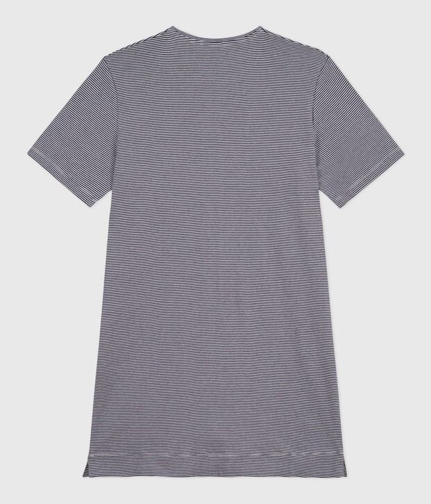 Katoenen damesnachthemd met korte mouwen en streepjes blauw/wit