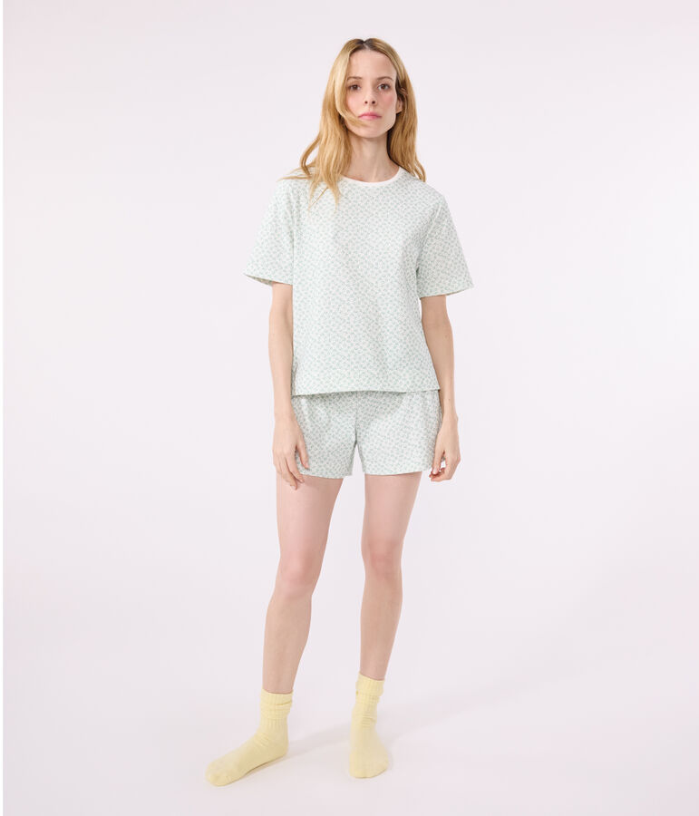 Pyjama short femme en coton fleuri blanc/vert