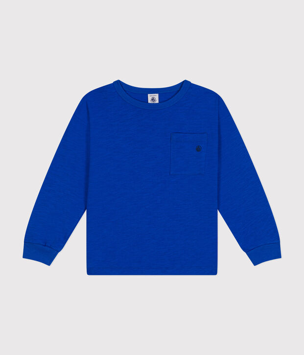 Jongens-T-shirt met lange mouwen van gevlamde jerseystof blauw