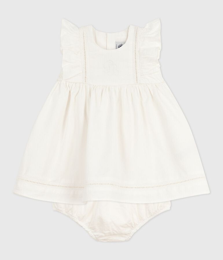 Robe b&eacute;b&eacute; en coton sans manche unie et brod&eacute;e avec son bloomer blanc