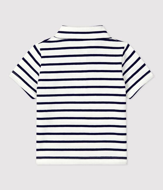 Gestreepte manrinière-polo met korte mouwen uit jerseystof voor baby's wit MARSHMALLOW/blauw SMOKING