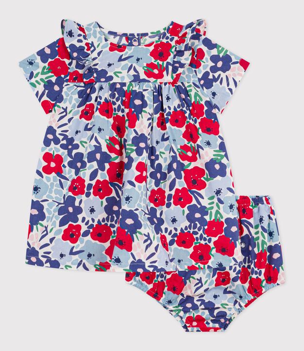 Katoenen babyjurk met korte mouwen en pofbroekje met bloemetjesprint wit/multicouleur