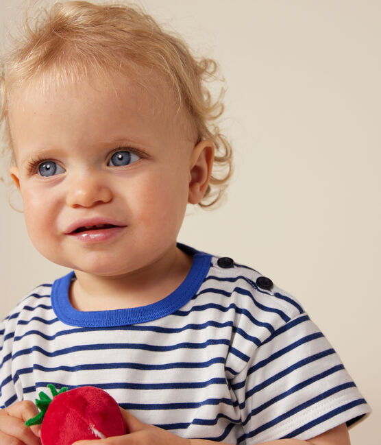 T-shirt met korte mouw van dunne jersey voor baby's wit MARSHMALLOW/blauw MEDIEVAL