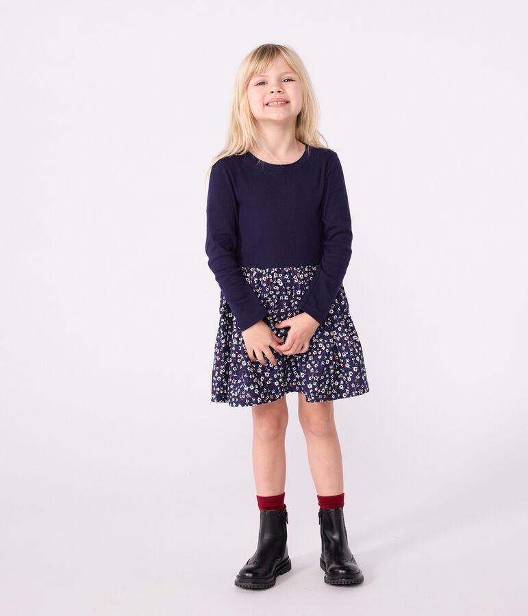 Robe enfant manches longues en coton bleu/multicouleur