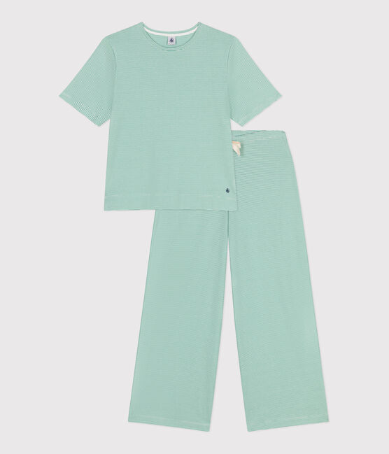 Pyjama femme en coton jambes larges à rayures vert ALOEVERA/blanc MARSHMALLOW
