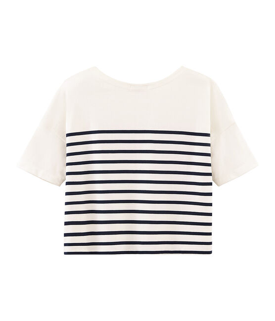 Marinière met korte mouwen voor vrouwen wit MARSHMALLOW/blauw SMOKING