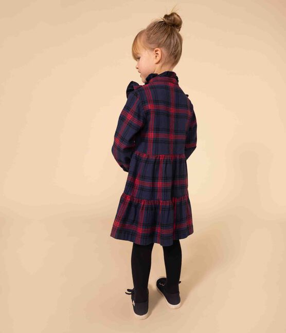 Geruite katoenen flanellen meisjesjurk met lange mouwen blauw SMOKING/wit MULTICO
