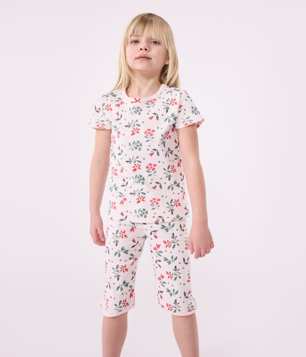 Pyjama capri enfant en coton imprim&eacute; fleuri rose/multicouleur