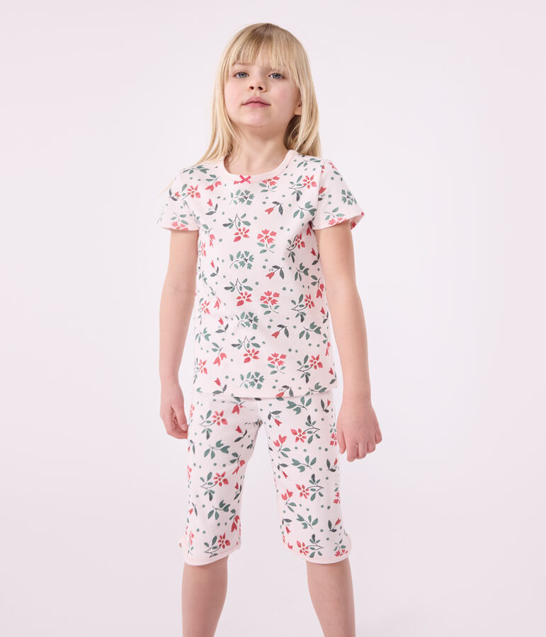Pyjama capri enfant en coton imprim&eacute; fleuri rose FLEUR/blanc MULTICO