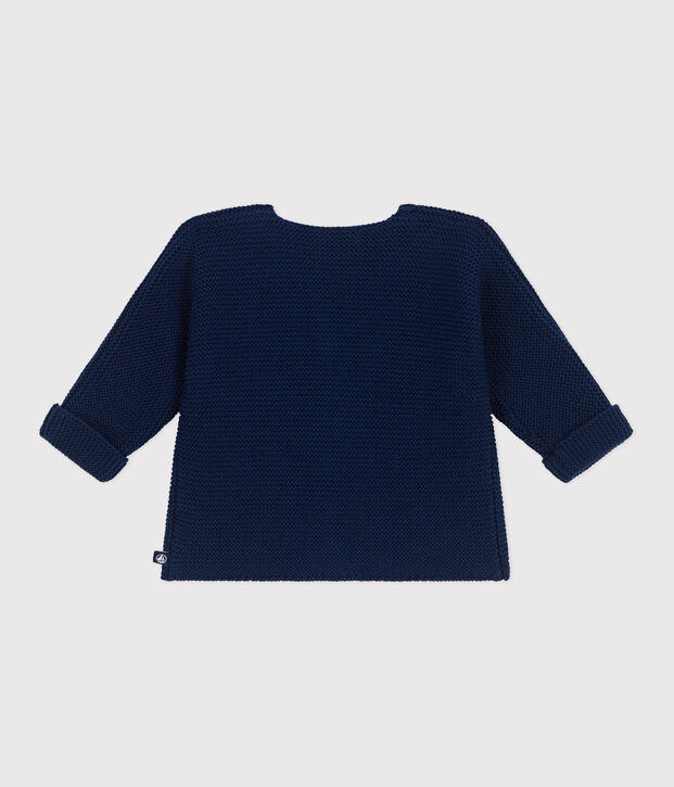 Cardigan b&eacute;b&eacute; tricot point mousse en coton bleu fonc&eacute;