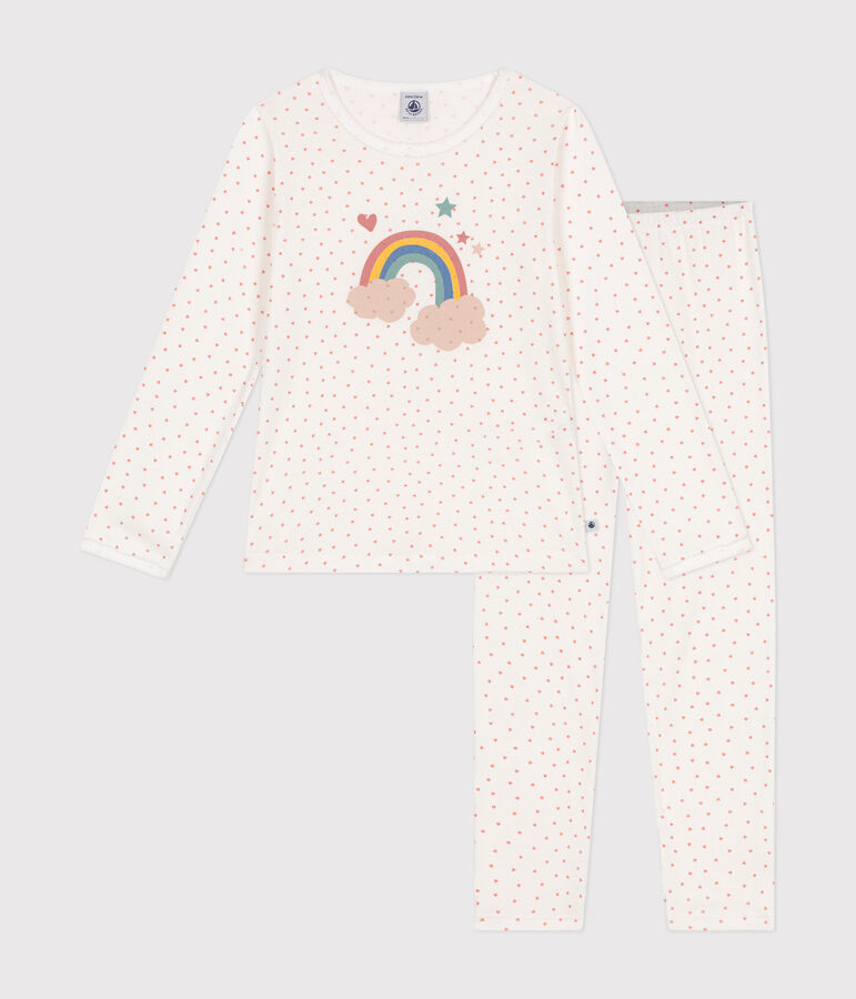Pyjama en coton imprim&eacute; petits c&oelig;urs enfant blanc MARSHMALLOW/ PAPAYE