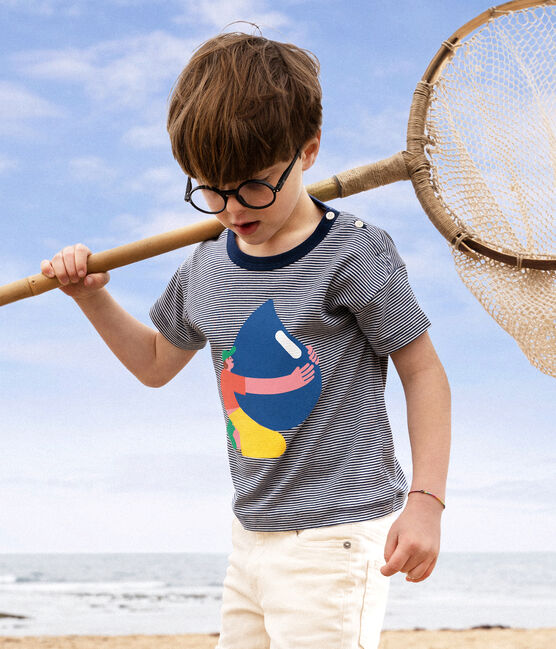 T-shirt jongen Petit Bateau x Water Family blauw MEDIEVAL/wit MARSHMALLOW