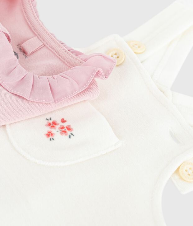 Effen katoenen babysetje met salopette, verfraaid met verfijnde details ecru/roze